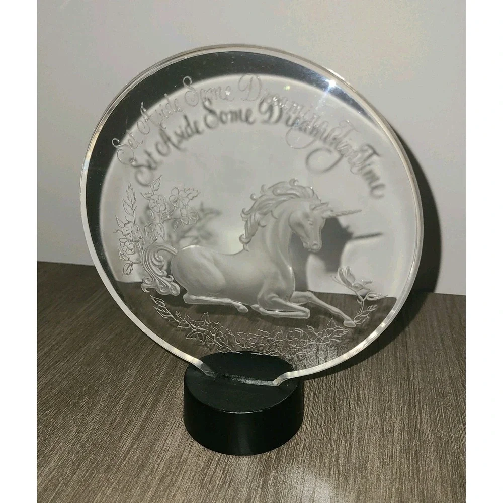 VTG Hallmark Unicorn Dreaming Time Etched Acrylic Plaque 1979 Fantasy Decor